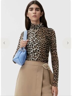 Ganni Sheer Mesh Turtleneck Leopard Seed Pearl Medium  NWOT